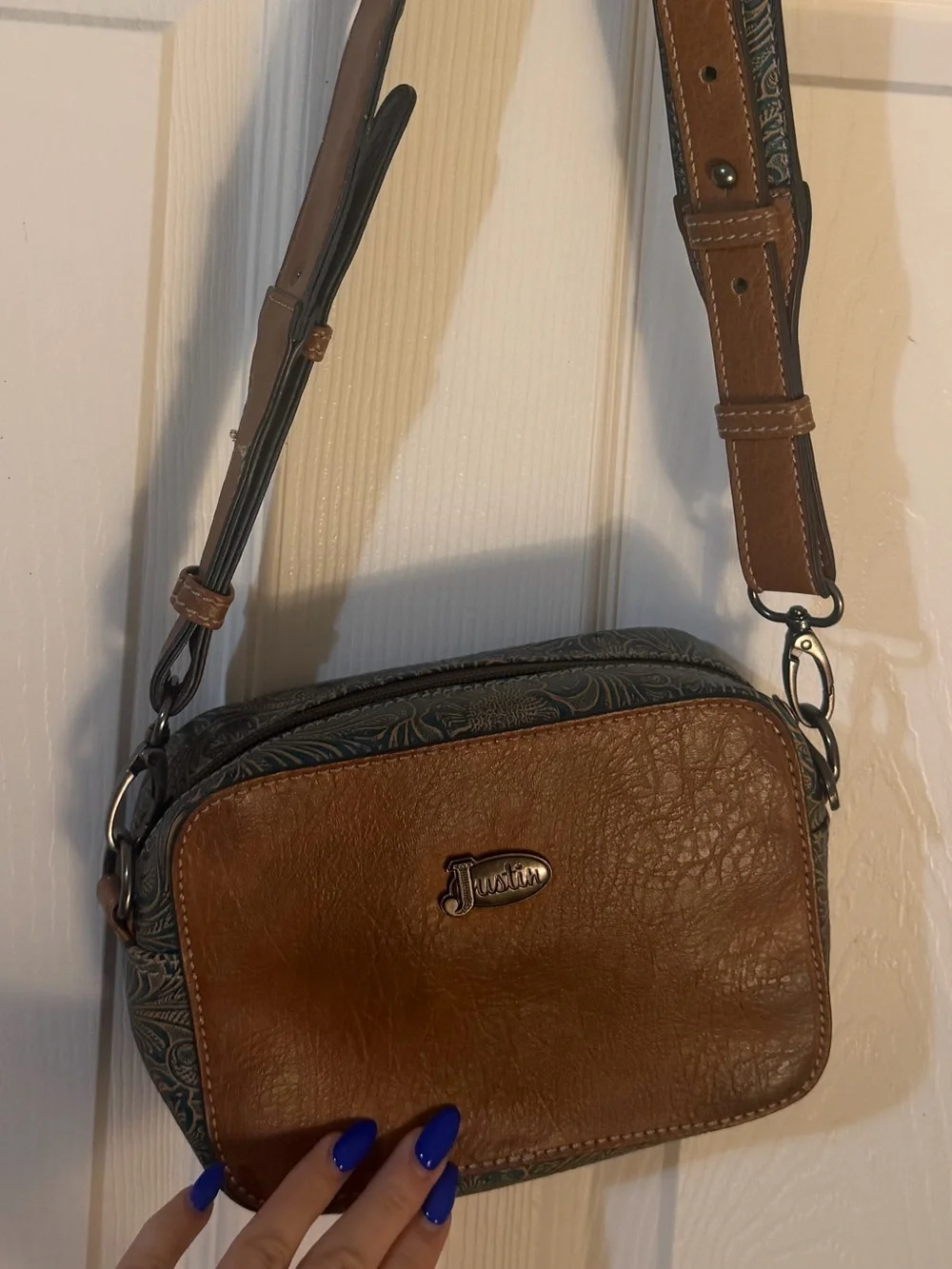 Justin Brown Tooled Leather & Turquoise Crossbody Bag